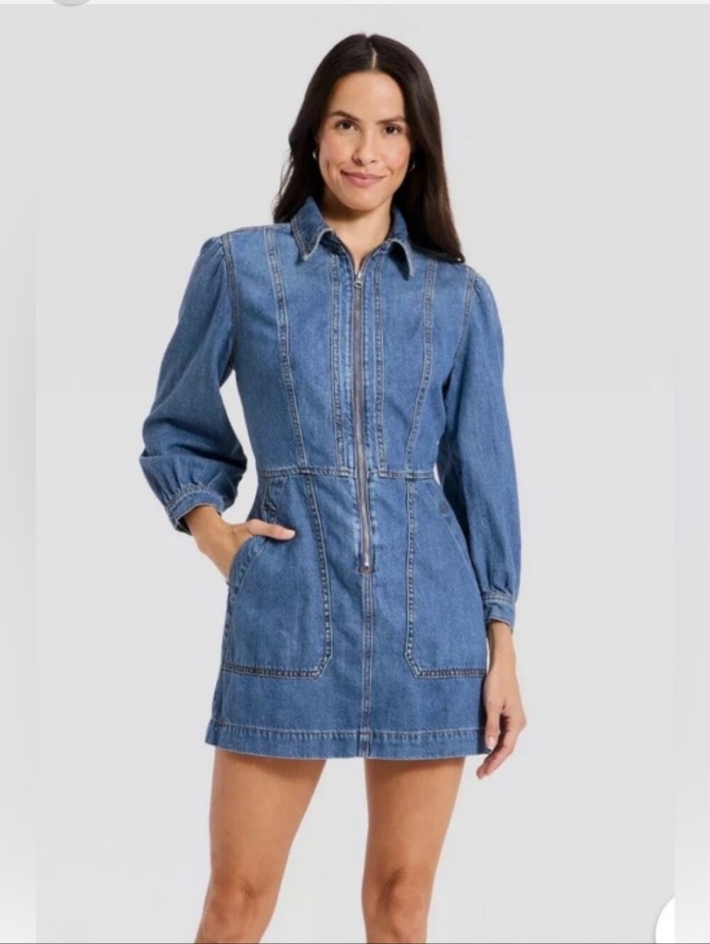 Universal Thread Blue Denim Zip-Front Long Sleeve Mini Dress. Size Medium. New.